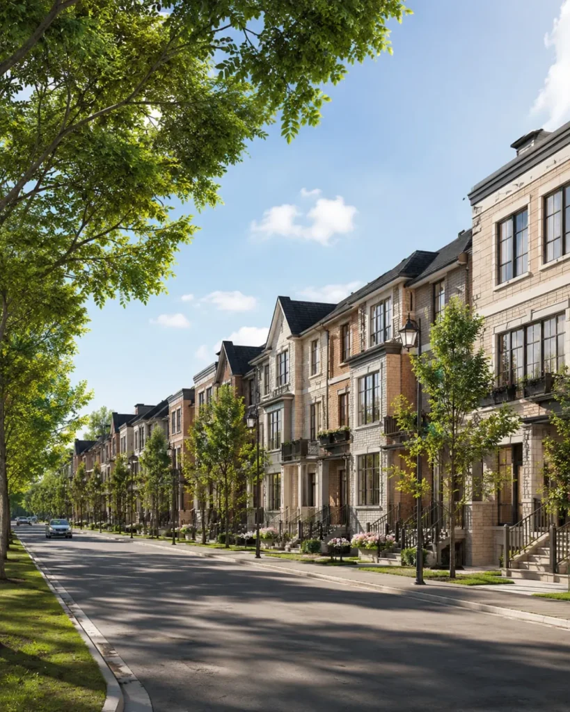 Tree-lined townhome streetscape rendering at UpTown Woodbridge